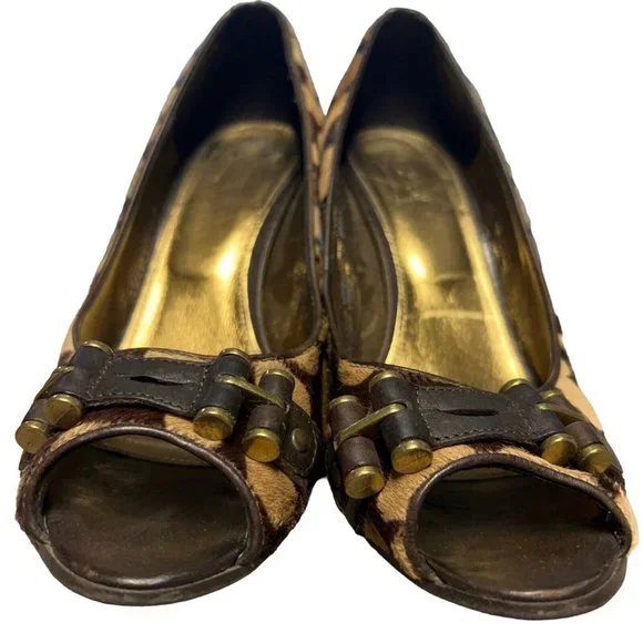 J Crew Collection Animal Print Calf Hair Peep Toe Horsebit Wedge Shoes Womens 8 - Picture 5 of 16